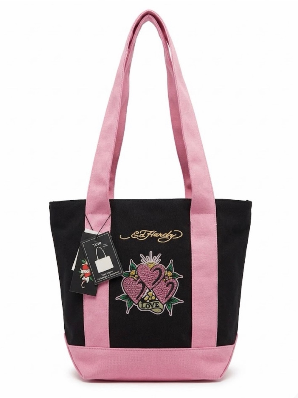 ED HARDY Black and Pink Heart Embroidered Tote NWT